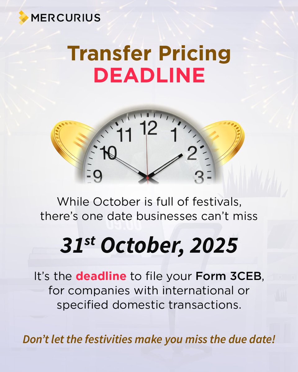 masllp's tweet image. Festive season or not, tax deadlines wait for no one!

31st October 2025 the Transfer Pricing deadline to file your Form 3CEB.

Because when it comes to compliance, missing the date can cost more than just a fine.

Stay festive but stay compliant.

#transferpricing #tax #deadline