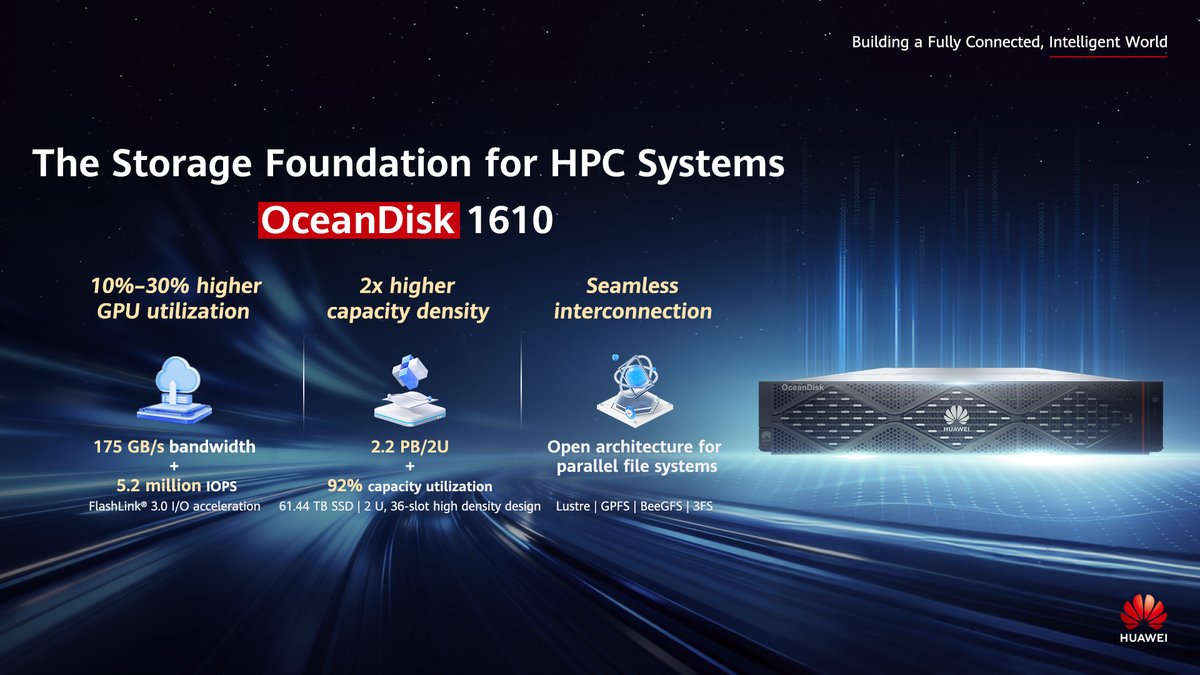 IT_Huawei's tweet photo. Designed for flexibility. Engineered for performance. Optimized for real-world use.
Meet Huawei's #OceanDisk 1610, the reliable storage foundation for #HPC systems. Bringing together a high-density storage design, open architecture, and FlashLink 3.0, it empowers your HPC environment with seamless interconnection. Discover more at #HUAWEICONNECT 2025 · MADRID: https://t.co/L10koMn4nY
#AllIntelligence #HuaweiStorage #SmartDiskEnclosure #Innovation