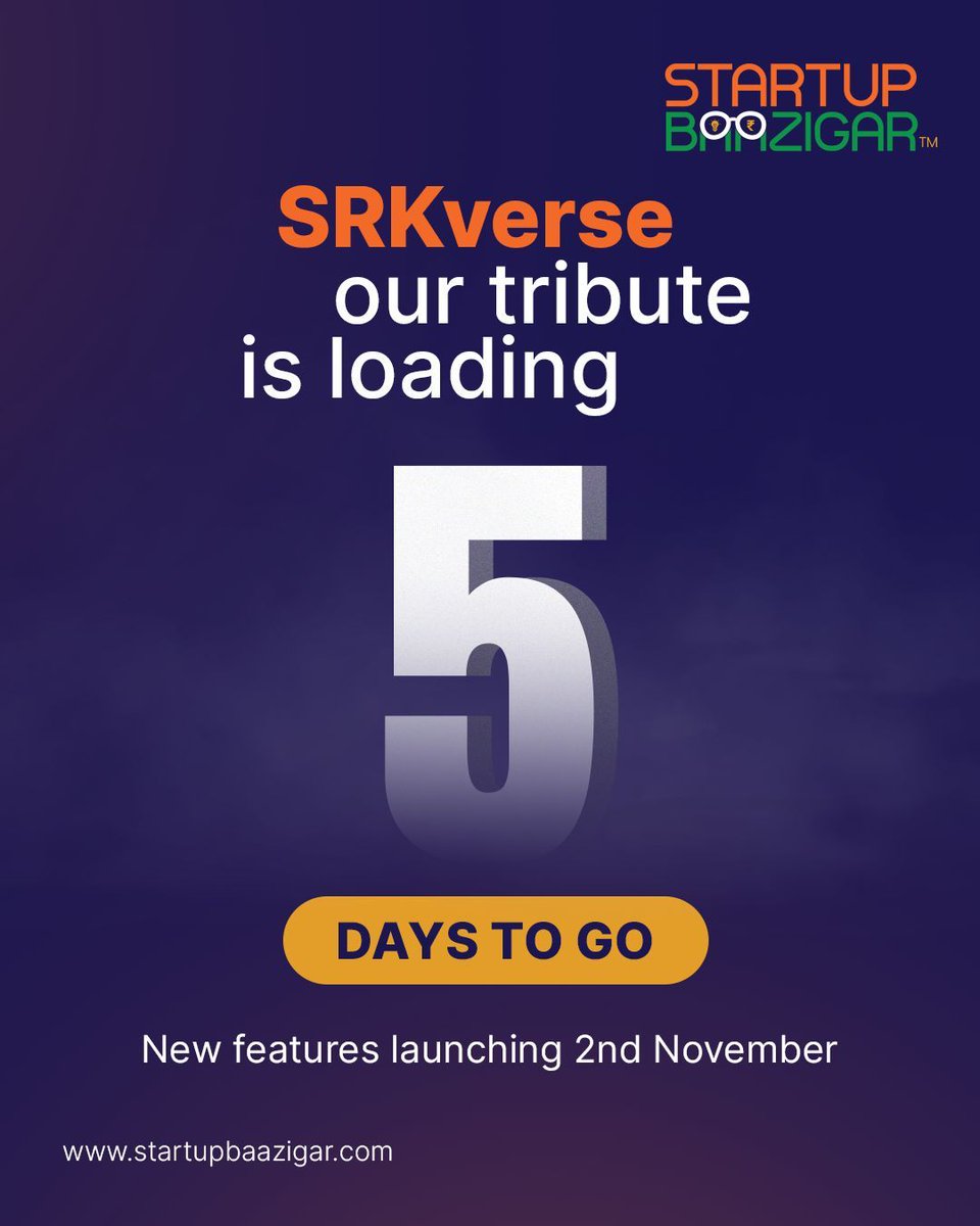 startupbaazigar's tweet photo. Dear SRKverse, our tribute is loading. 5 days to go. New features launching 2nd November. 

#StartupBaazigar #Startupverse #BuildInIndia #BuildPlayWin #PlayWinRepeat #SRKverse #BaazigarSpirit #SRKFans https://t.co/IpC2DHnovA