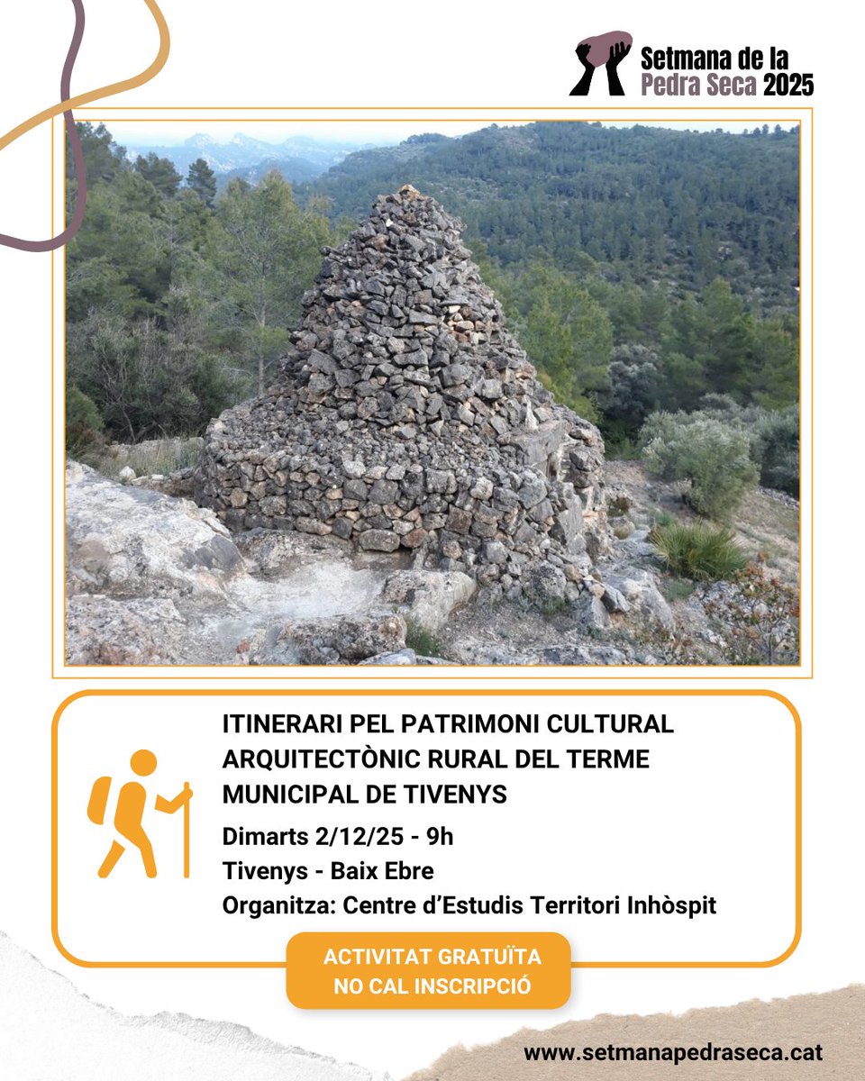 SetmPedraSeca's tweet image. 🟠 DESCOBERTA
🚶‍♀️Itinerari pel patrimoni cultural arquitectònic rural de Tivenys

🗓2/12
⏰9h
📍Tivenys
📌Organitza: Centre d&apos;Estudis Territori Inhòspit
➕Info, calendari i mapa👇
setmanapedraseca.cat/activitats/age…

#SetmanaPedraSeca25 #PedraSeca