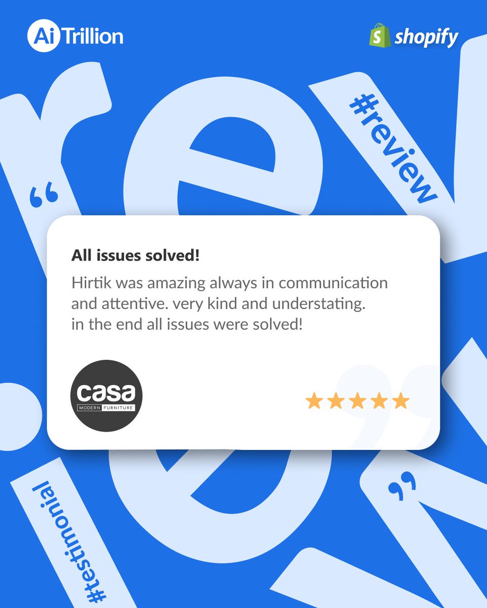 ⭐“𝐀𝐥𝐥 𝐢𝐬𝐬𝐮𝐞𝐬 𝐬𝐨𝐥𝐯𝐞𝐝!”⭐

That’s what we love hearing from 𝐒𝐡𝐨𝐩𝐢𝐟𝐲 merchants like 𝐂𝐚𝐬𝐚 𝐌𝐨𝐝𝐞𝐫𝐧 𝐅𝐮𝐫𝐧𝐢𝐭𝐮𝐫𝐞.

Install <a href="/Shopify/">Shopify</a> : lnkd.in/d2kpyTzj 

#AiTrillion #Shopify #itfc #readingfc #paofc #HEESEUNG #BFCM #BFCM2025 #shopifyseller