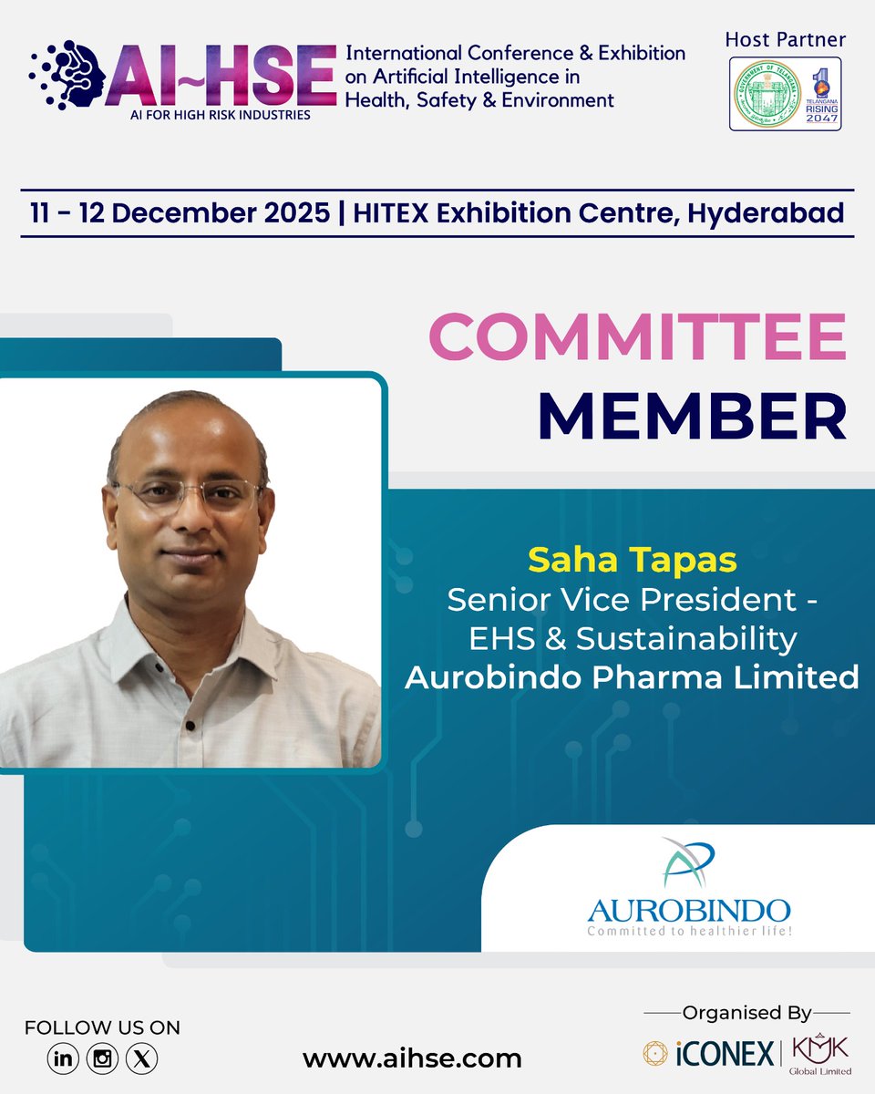 ai_hse_'s tweet image. We are delighted to welcome Saha Tapas, Senior Vice President - EHS &amp;amp; Sustainability, @AurobindoGlobal, as a committee member for #AIHSE2025.

🗓️11-12 December 2025
📍HITEX Exhibition Centre, Hyderabad

🔗aihse.com

#HSE #CommitteeMember #Health #Safety #environment