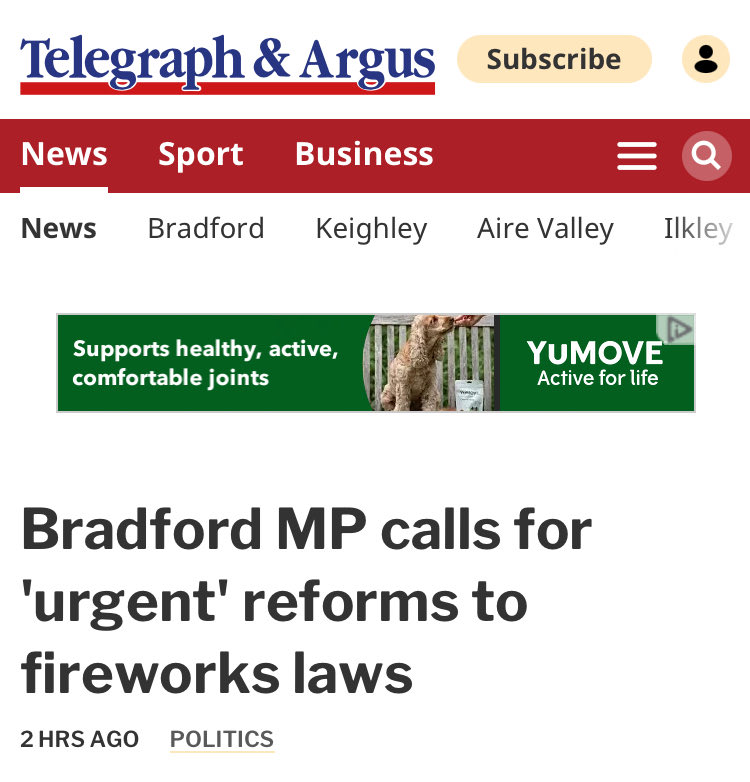 Here’s one MP who is listening to his constituents about #fireworks. <a href="/Imran_HussainMP/">Imran Hussain MP</a> who is <a href="/UKLabour/">The Labour Party</a> MP for Bradford East says "Residents in Bradford have been patient long enough. The Government must now decide whether to be proactive and solve the problem - or continue