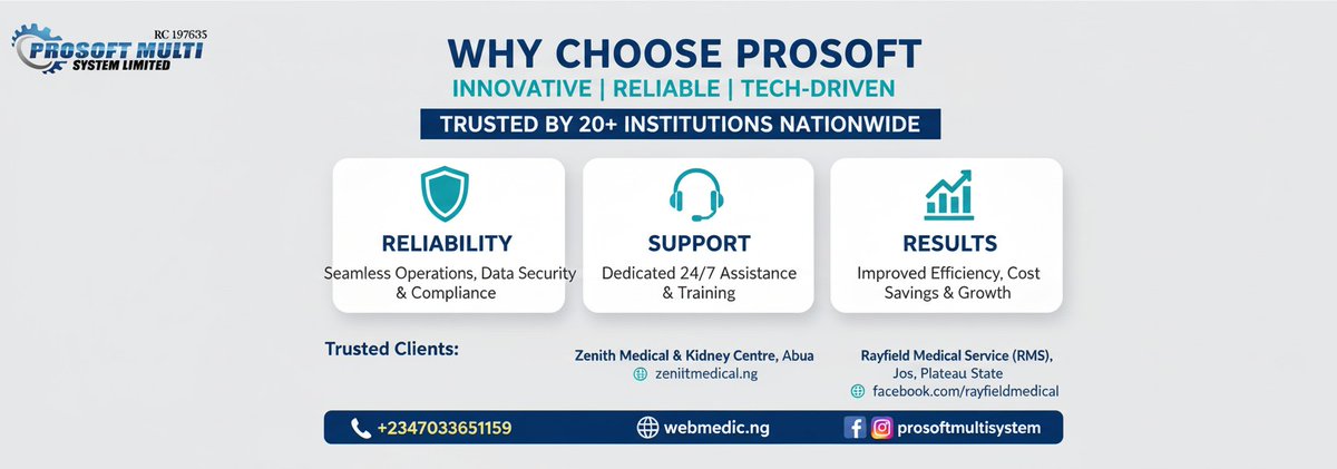 ProsoftSystem's tweet image. We’re proud to power:

🏥Confluence University of Science and Technology Teaching Hospital, Kogi State
🌐 custechth.org

🏥Zenith Medical &amp;amp; Kidney Centre, Abuja
🌐 zenithmedical.ng

🏥Zenith Medical &amp;amp; Kidney Centre, Lagos
🌐 
#prosoft