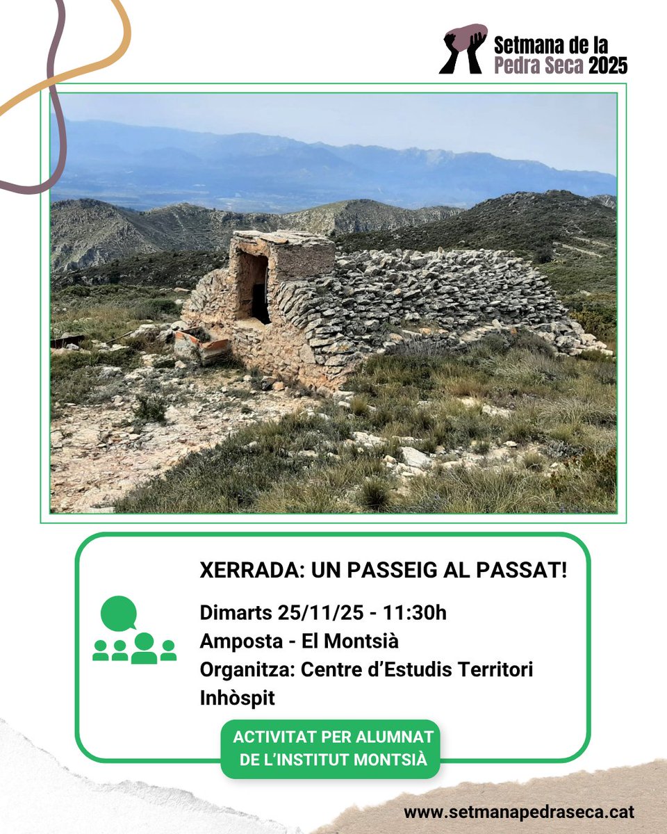 SetmPedraSeca's tweet image. 🟢 DIVULGACIÓ
🗣️ Xerrada: Un passeig al passat!

🗓25/11
⏰11:30h
📍Amposta
📌Organitza: Centre d&apos;Estudis Territori Inhòspit 
➕Info👇
setmanapedraseca.cat/activitats/age…

#SetmanaPedraSeca25 #PedraSeca