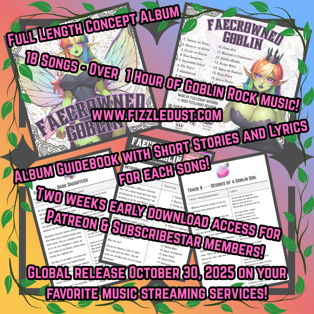 marvellafizz's tweet photo. Tomorrow, October 30th, my special full length, 18 track goblin rock/metal music concept album will be available for download and play on all major music streaming services (Spotify, iTunes, YouTube, etc)! It follows your journey into the Aetherealm with Marvella Fizzledust! https://t.co/NF3y4SjqKj
