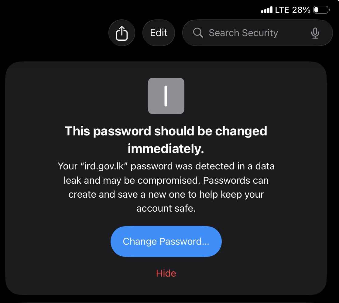 RajithaStig's tweet photo. Is this true ? Apple password app alerted me ? @NewsWireLK any clue ? https://t.co/E2mY403cU9