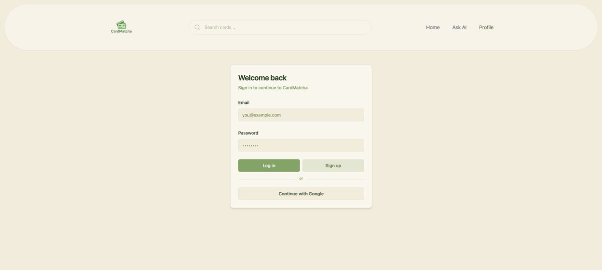day 12 of building cardmatcha:

> didn't accomplish much on paper, but def learned a lot about auth (don't vibecode auth lol)
> migrated from clerk to supabase auth (google oauth is done, still needa work on email + password login)

todos:
> finish up auth
> beta launch once auth