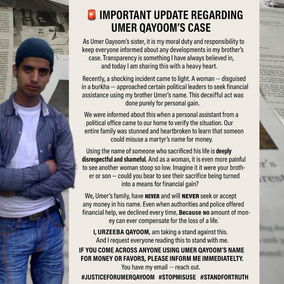 BhatUrzi's tweet photo. Someone recently tried to seek financial help using my brother Umer Qayoom’s name.This is deeply shameful and disrespectful.
Our family has never taken a single rupee in his name.His sacrifice isn’t for sale we stand for justice, truth &amp; dignity. 💔
#fypシ
#JusticeForUmerQayoom https://t.co/VOSo7xYlHr