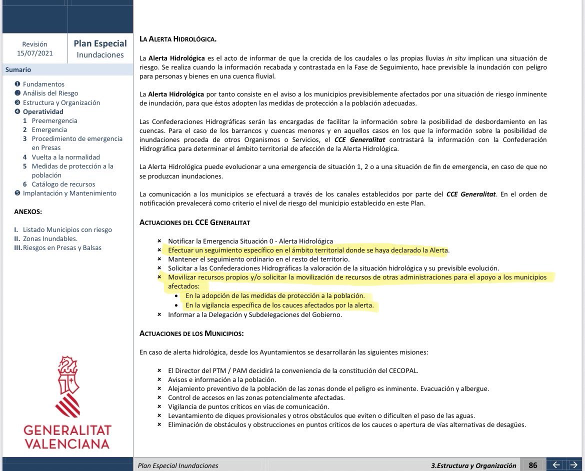 Plan Especial Inundaciones
La Alerta Hidrológica
Actuaciones del CCE Generalitat
- Efectuar un seguimiento específico en el ámbito territorial donde se haya declarado la Alerta.
- Movilizar recursos propios y/o solicitar la movilización de recursos de otras administraciones.