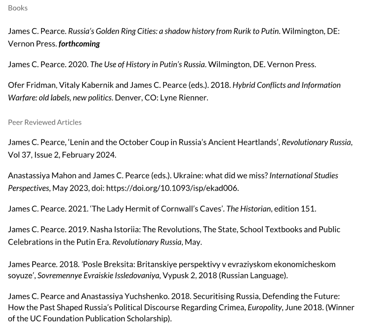 JamesPearce_101's tweet photo. For those who asked, here's a list of my academic publications. Also forthcoming: book chapter on British Labour's Rus/Ukr policy and peer rev'd article on how the Soviet collapse is remembered in contemporary Rus. I regularly do media pieces and interviews, too. https://t.co/C6M5yIQEsp