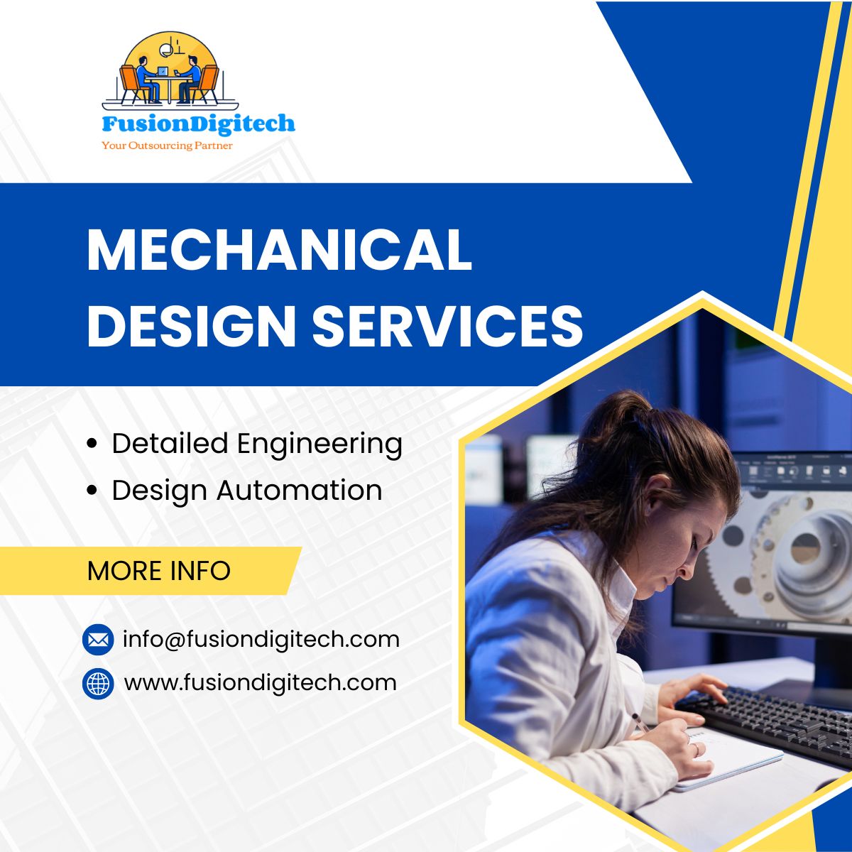 fusiondigitec's tweet image. Fusion Digitech offers professional Mechanical Design Services to help businesses develop precise, efficient, and innovative mechanical components and systems. 

Partner with Fusion Digitech for reliable, accurate, and high-quality mechanical design solutions.