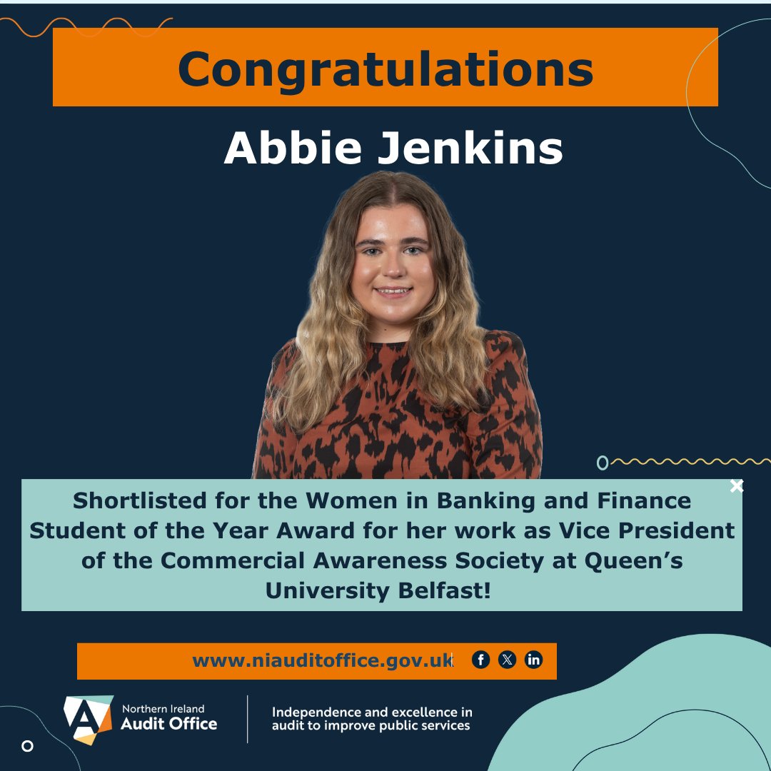 Congratulations to Abbie Jenkins, one of our Trainee Accountants, who has been shortlisted for the Women in Banking and Finance - UK Student of the Year Award for her work as Vice President of the Commercial Awareness Society at Queen’s University Belfast!