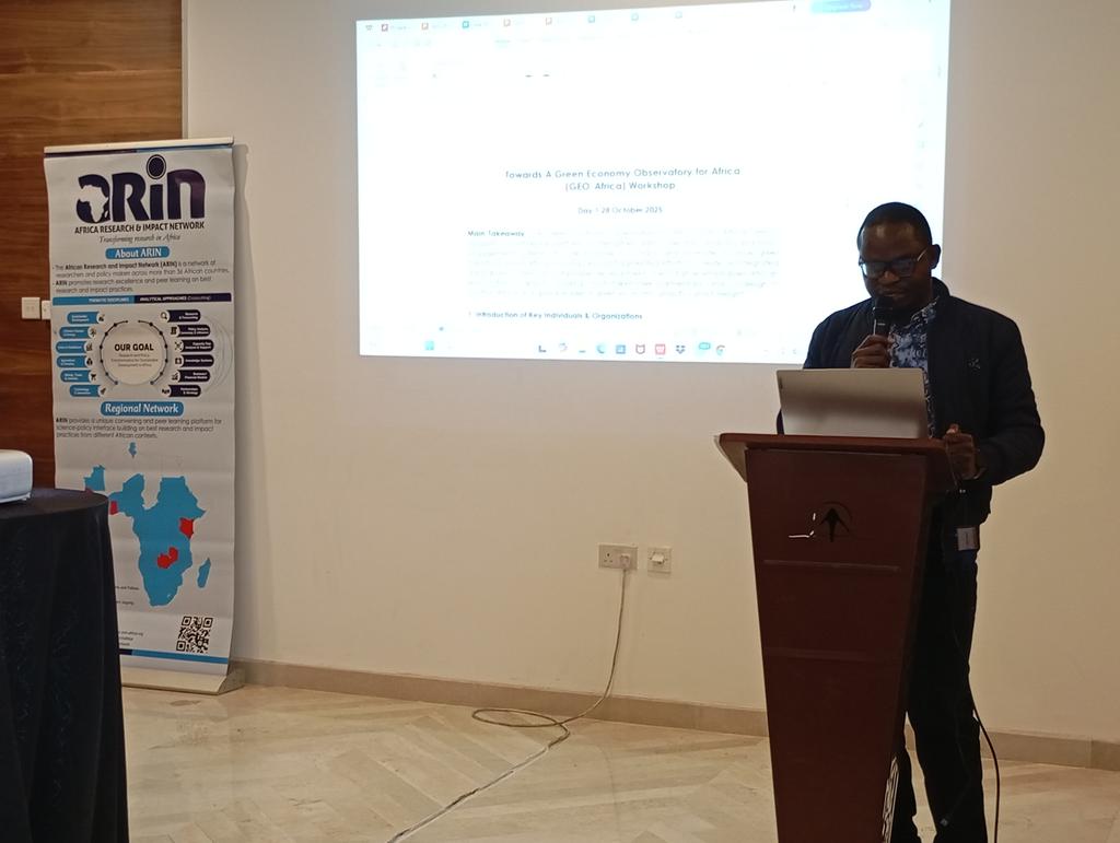arin_africa's tweet photo. Dr @Agevy gave an overview of Day 1, highlighting the co-creation of GEO-Africa’s foundational pillars cross-cutting dimensions and guiding highlights that will shape the Observatory’s structure. 

The reflections emphasized collaboration, inclusivity and data-driven action as the cornerstones of Africa’s #GreenTransition. 

#GEOAfrica2025 #Sustainability #GreenEconomy #ClimateAction #DataForDevelopment
