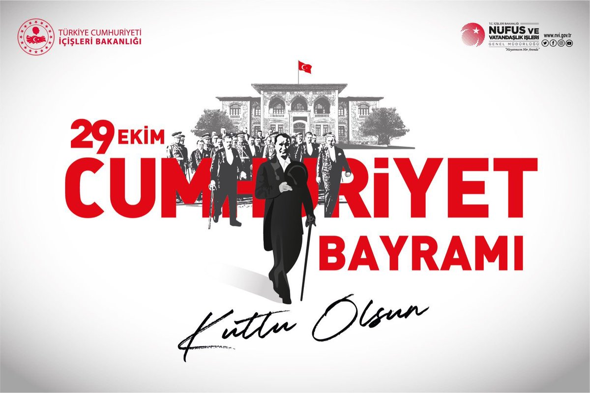 102 yıl önce olduğu gibi, bugün de aynı kararlılık ve inançla… 
Gazi Mustafa Kemal ATATÜRK’ü, 
Aziz Şehitlerimizi ve Kahraman Gazilerimizi saygıyla,rahmetle ve minnetle anıyoruz. 
29 Ekim Cumhuriyet Bayramı’mız kutlu olsun. YAŞASIN CUMHURİYET🇹🇷🇹🇷🇹🇷 
#29Ekim
<a href="/TCNufus/">Nüfus ve Vatandaşlık İşleri Genel Müdürlüğü</a>