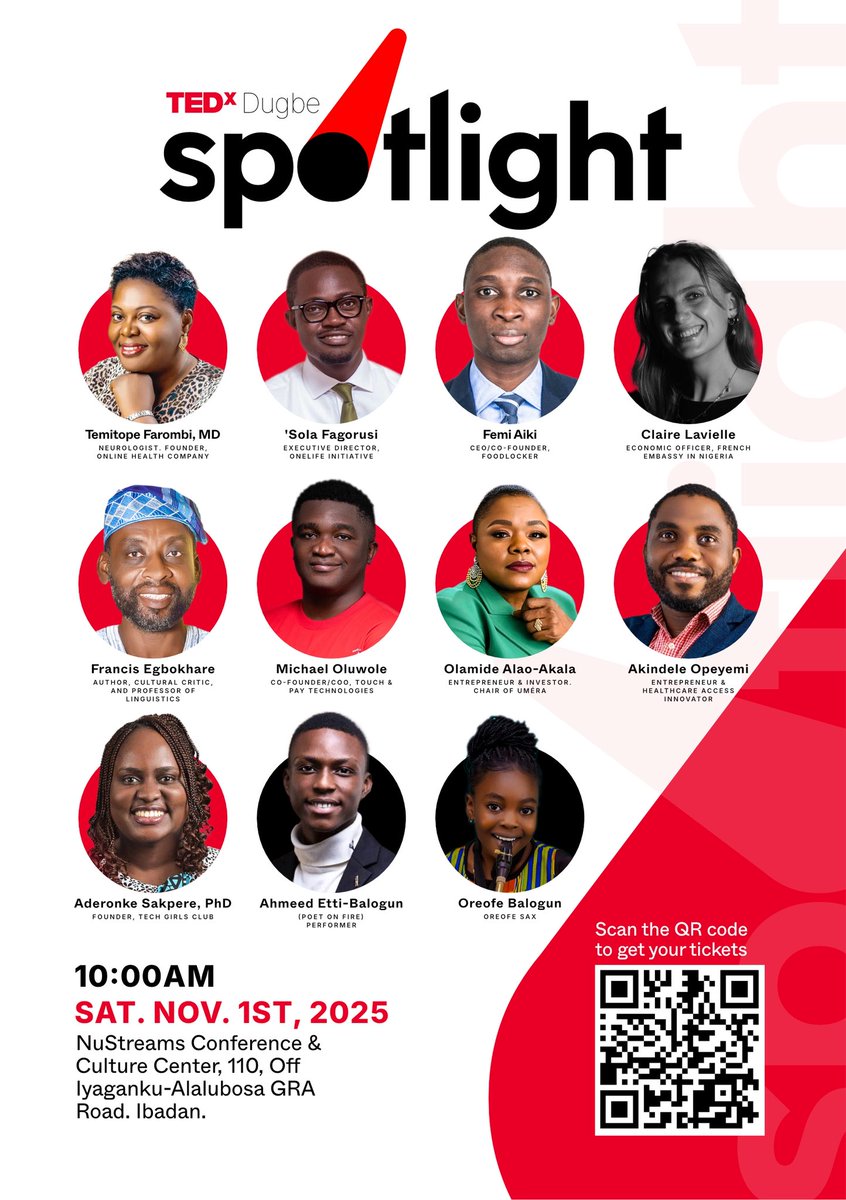TEDx_Dugbe's tweet photo. Behold our breathtaking galaxy of incredible guests and performers at TEDxDugbe 2025. From arts, education and health to entrepreneurship, this formidable lineup was painstakingly curated to uphold the spirit of @TEDTalks.

Early bird tickets end tonight: https://t.co/nicMLuoaL3 https://t.co/8YhERaS7q4