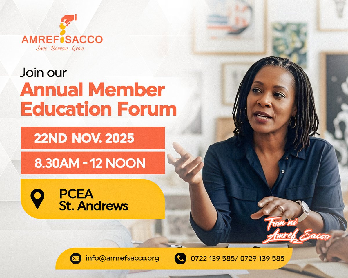 Mark your calendars! 🗓️
AMREF Sacco will be having its Annual Member Education Forum on 22nd November, from 8:30AM to 12PM at PCEA St. Andrews. Let’s talk savings, loans &amp; growth!

#AMREFSaccoForum #FomNiAmrefSacco #MemberEducation #FinancialFreedom