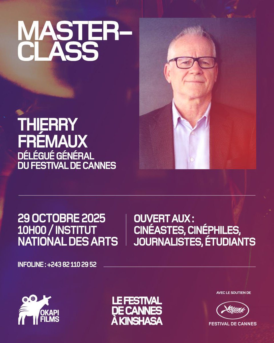 GikasFilms's tweet photo. Nous vous prions de bien vouloir être ponctuels, afin de garantir le bon déroulement de cet échange unique dans le cadre du @Festival_Cannes à Kinshasa. Cet événement est une opportunité rare d’apprendre et de dialoguer avec Thierry FREMAUX l’une des figures majeures du cinéma. https://t.co/6yIa894Rq4