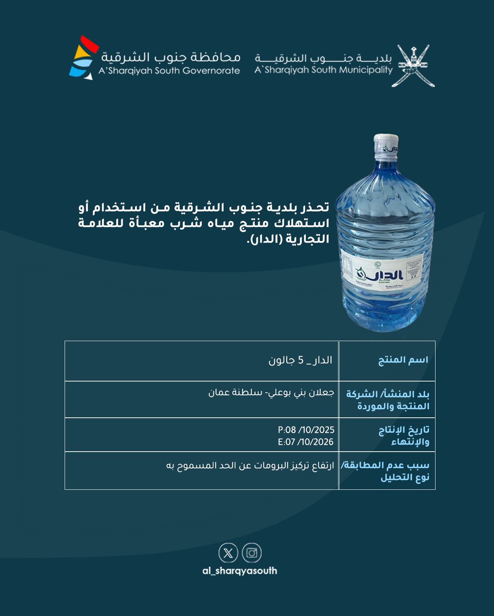 تحذير ....تحذر #بلدية_جنوب_الشرقية من استخدام أو استهلاك منتج مياه معبأة للعلامة التجارية(الدار )