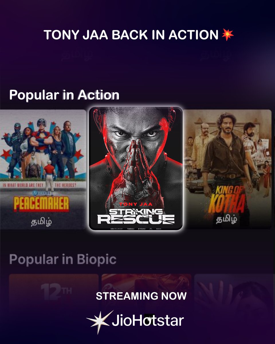 IOF_India's tweet photo. Tony Jaa  the action star is back with Striking Rescue, now streaming on JioHotstar !💥 in Hindi | Tamil | Telugu (Featured in the Popular in Action segment)
🔗➡️https://t.co/43nplyy1hd
#strikingrescue #tonyjaa #actionmovie #nowstreaming #actionblockbuster https://t.co/DmeYdzHHWm