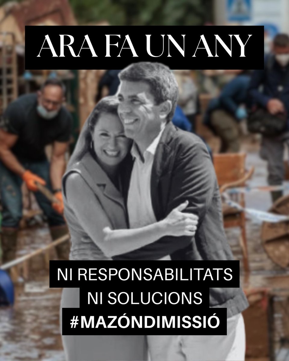 🌧️ Ara fa un any, la #DANA va colpejar #València deixant destrucció i impotència... i descobrint un altre temporal: el de la irresponsabilitat del #PP.

Un any després, ni solucions ni responsabilitats.
#Mazón calla i #Carrasco mira a un altre costat.

💬 El silenci també parla.