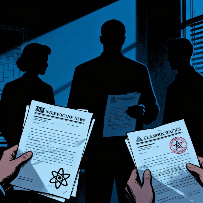 Shadowy blue-toned scene with silhouetted figures of four people two men and two women standing and holding documents. Papers labeled NIEUWIO NIEUWS and CLASSIFIED with stamps including a circular emblem and atom symbol visible in foreground hands. Background shows window blinds and indistinct room interior.