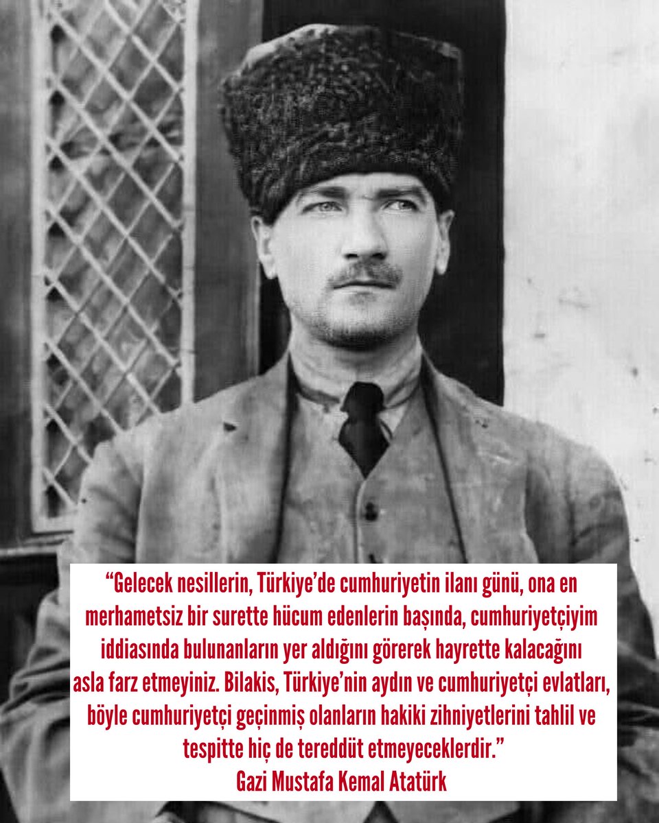 veganzulal's tweet photo. Nutuk’tan bir alıntı: “Gelecek nesillerin, Türkiye’de cumhuriyetin ilanı günü, ona en merhametsiz bir surette hücum edenlerin başında, cumhuriyetçiyim iddiasında bulunanların yer aldığını görerek hayrette kalacağını asla farz etmeyiniz. Bilakis, Türkiye’nin aydın ve cumhuriyetçi evlatları, böyle cumhuriyetçi geçinmiş olanların hakiki zihniyetlerini tahlil ve tespitte hiç de tereddüt etmeyeceklerdir.” - Gazi Mustafa Kemal Atatürk 

Evet, ben de “cumhuriyetçi” geçinenlerin halkı nasıl aldattığını ortaya dökmek için bir an bile kuşku duymuyorum! 

1923 Devriminin niteliği ve ilkeleri göz önünde bulundurulduğunda;

“Hâkimiyet kayıtsız şartsız milletindir” ilkesini ayaklar altına alıp TBMM’yi bir partinin emrindeki onay kurumuna çevirenler...

Tam bağımsızlık ilkesini unutup Türkiye’yi NATO’ya, AB’ye bağımlı hale getirenler...

Emekçileri ezip kompradorları yüceltenler...

Tarikatları ve cemaatleri destekleyenler...

Devrim kanunu olan Öğretim Birliği Yasası’nı ve laikliği çiğneyenler...

Öğretmenlerin yerlerde sürüklenip tekmelenmesine seyirci kalanlar...

Cumhuriyetin tüm kamusal birikimini yerli ve yabancı sermayeye peşkeş çekenler...

Türkiye Cumhuriyeti’nin kuruluş tapusu Lozan’ı hedefe koyanlar...

TBMM çatısı altında DEM grubunda terörist başı Öcalan lehine slogan atılmasına sessiz kalırken “Mustafa Kemal’in askerleriyiz” diyen teğmenleri ordudan atanlar cumhuriyetçi değildir!