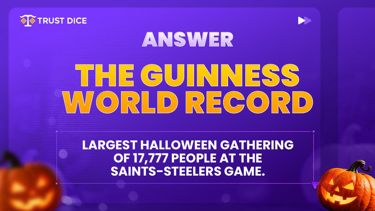 TrustDice's tweet image. ANSWER: Largest Halloween gathering of 17,777 people at the Saints-Steelers game.
WINNER: @AliRajp24674907

Please check your DMs for your prize 🎃

#FunAndGames #TRUSTDICETRIVIA #TrustDiceFun