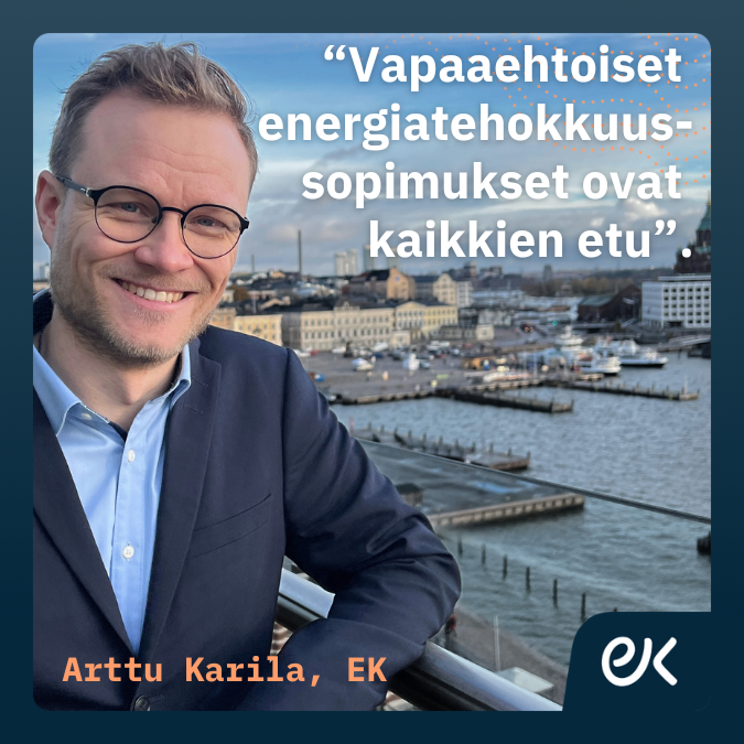 Energiatehokkuussopimusten uusi 10-vuotiskausi käynnistyy vuodenvaihteessa. Sopimustoiminta on vapaaehtoista, mutta hyödyt ovat mittavat. 

Tuore energia-asiantuntijamme <a href="/ArtKarila/">Arttu Karila</a> perustelee, miksi yritysten on hyvä liittyä mukaan jo syksyn aikana. 

ek.fi/ajankohtaista/…