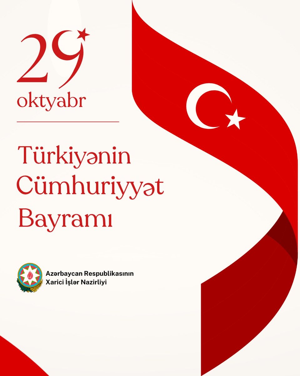 Qardaş Türkiyənin Cümhuriyyət Bayramını ürəkdən təbrik edirik. Gücünüz gücümüz, uğurunuz, uğurumuzdur. #29EkimCumhuriyet Bayramın kutlu olsun #Türkiye.