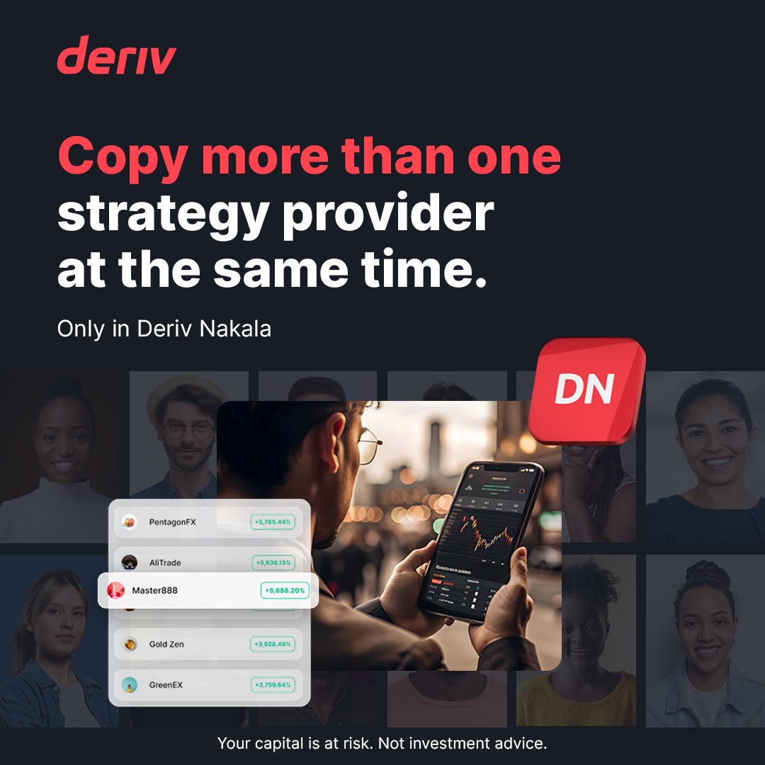 Derivdotcom's tweet image. Mix and match strategies on your terms: copy more than one provider at a time, only with Deriv Nakala. 🔄🧑‍💻

Diversify your copy trading and explore new possibilities. Download Deriv Nakala now! 📲 deriv.link/48S3AX5

#DerivNakala #CopyTrading #Diversify #Trading