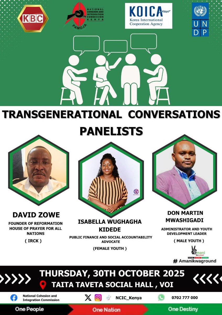 Taita Taveta County, it's your time! 
The Transgenerational Conversations will be tomorrow at the Taita Taveta Social Hall. 
Live on <a href="/KBCChannel1/">KBC Channel 1 News</a> at 7PM. 
<a href="/KOICAKenya/">KOICA Kenya Office</a>
<a href="/UNDPKenya/">UNDP Kenya</a> 
#amanikwaground