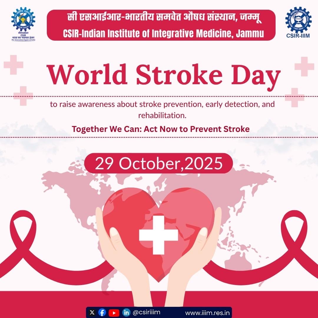 csiriiim's tweet image. Together We Can: Act Now to Prevent Stroke 

CSIR-IIIM Jammu observes World Stroke Day to raise awareness about stroke prevention, early detection &amp;amp; rehabilitation. Early action saves lives. 

#WorldStrokeDay #CSIRIIIM #StrokeAwareness #Health