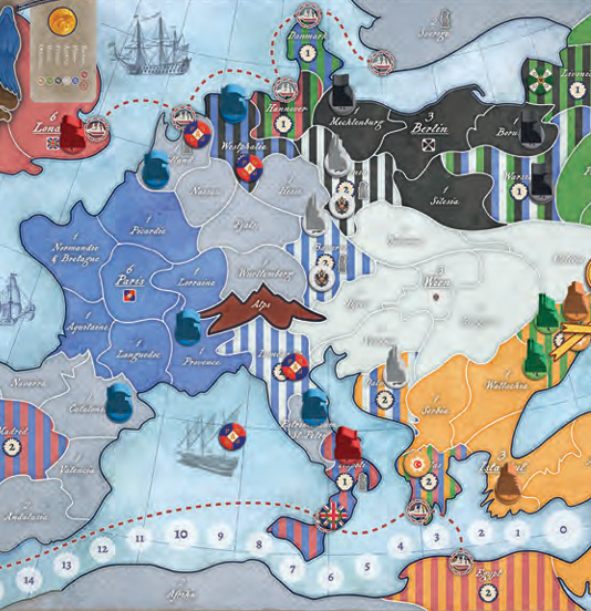 PHALANX_LTD's tweet photo. Movement in Coalitions is governed by Envoys - cylindrical markers each power allocates from a pool of six. 

To move a general, select an Envoy (1-3 cost based on distance), pay the fee in discarded envoy cylinders, then trace a path of adjacent territories respecting Diplomatic Status. 

Friendly territories cost 1 envoy per step, neutral cost 2, enemy cost 3 and trigger battle if opposing units occupy the destination. 

Sea lanes are Britain’s domain. Only red generals or coalition allies may traverse them, spending envoys equal to the printed arrow cost. 

Upon entering an empty enemy home or disputed territory, you may place a Garrison (flipping an unused unit token) to claim control and future Influence. 

Garrisons left behind can be disbanded during movement to fuel longer marches, embodying Napoleon’s historical “living off the land.” 

The mechanic’s elegance is its scarcity: six envoys total means every march is a calculated risk. 

Overextend and your envoy pool empties, freezing you while rivals muster fresh armies. 

Check out the game here: https://t.co/E7WTjySGCt