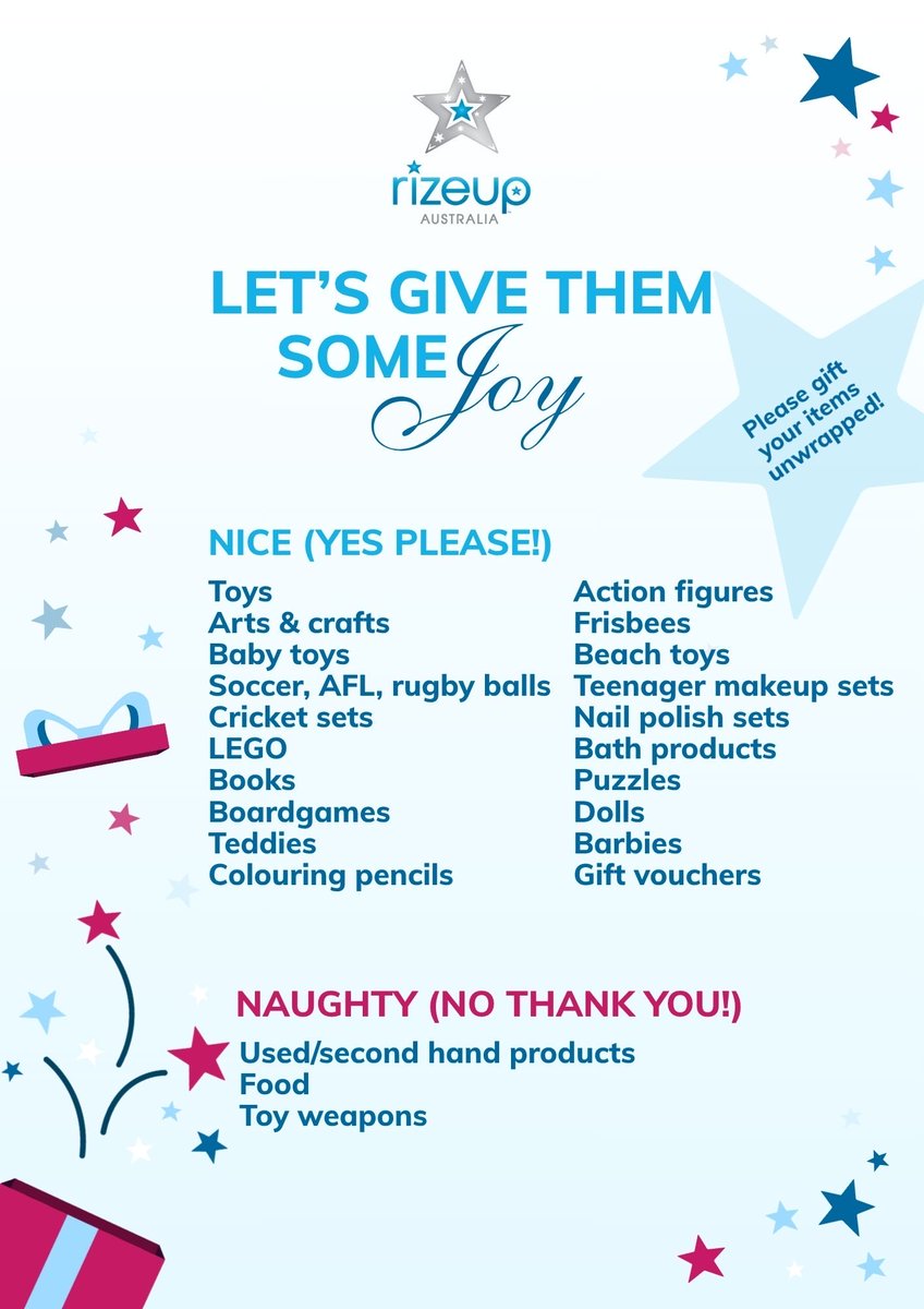 Our Christmas Appeal is now on!
We’re collecting gifts for thousands of kids and parents in DV refuges this Christmas 🎄 

More details rizeup.com.au/christmas-appe…
