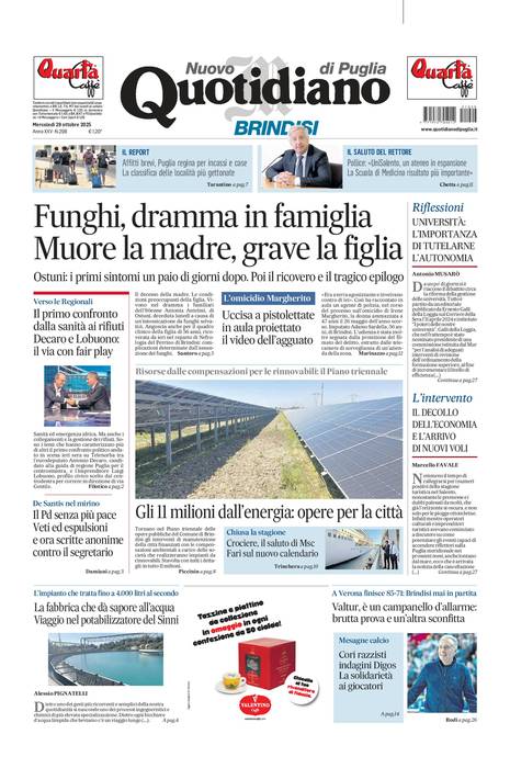 Ecco la prima pagina di oggi
Offerta speciale: 9€ al mese per 1 anno
Scopri l'Offerta shop.quotidianodipuglia.it/social?utm_sou…