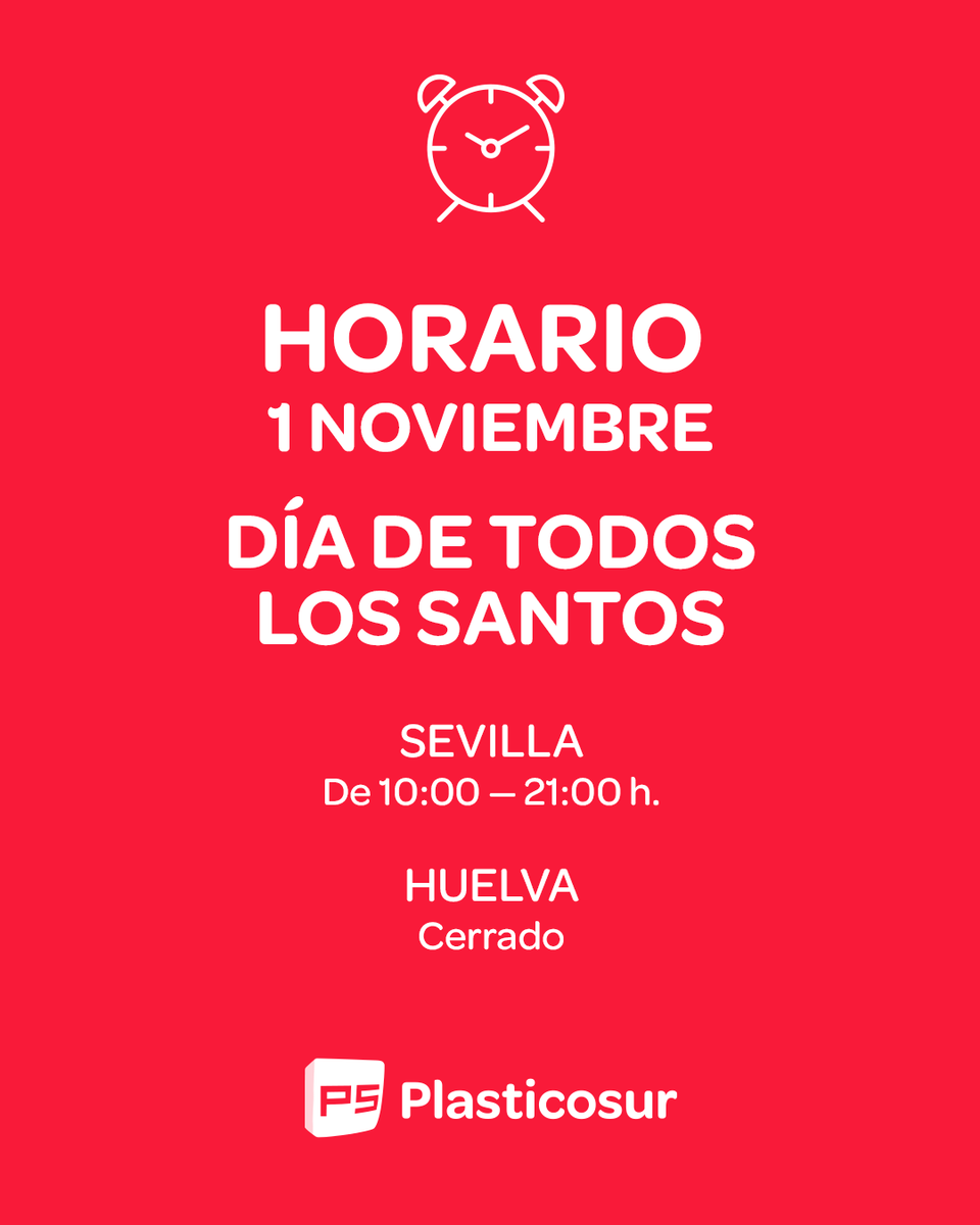 🎄✨ ¡Atención, Plasticosurlovers! 🎅
Sabemos que el 1 de noviembre es festivo, ¡pero en Plasticosur Sevilla abrimos nuestras puertas para vosotros! ❤️

📍 Sevilla: de 10:00 a 21:00 h
📍 Huelva: cerrado por festivo

#apertura #festivoapertura #plasticosur #horario
