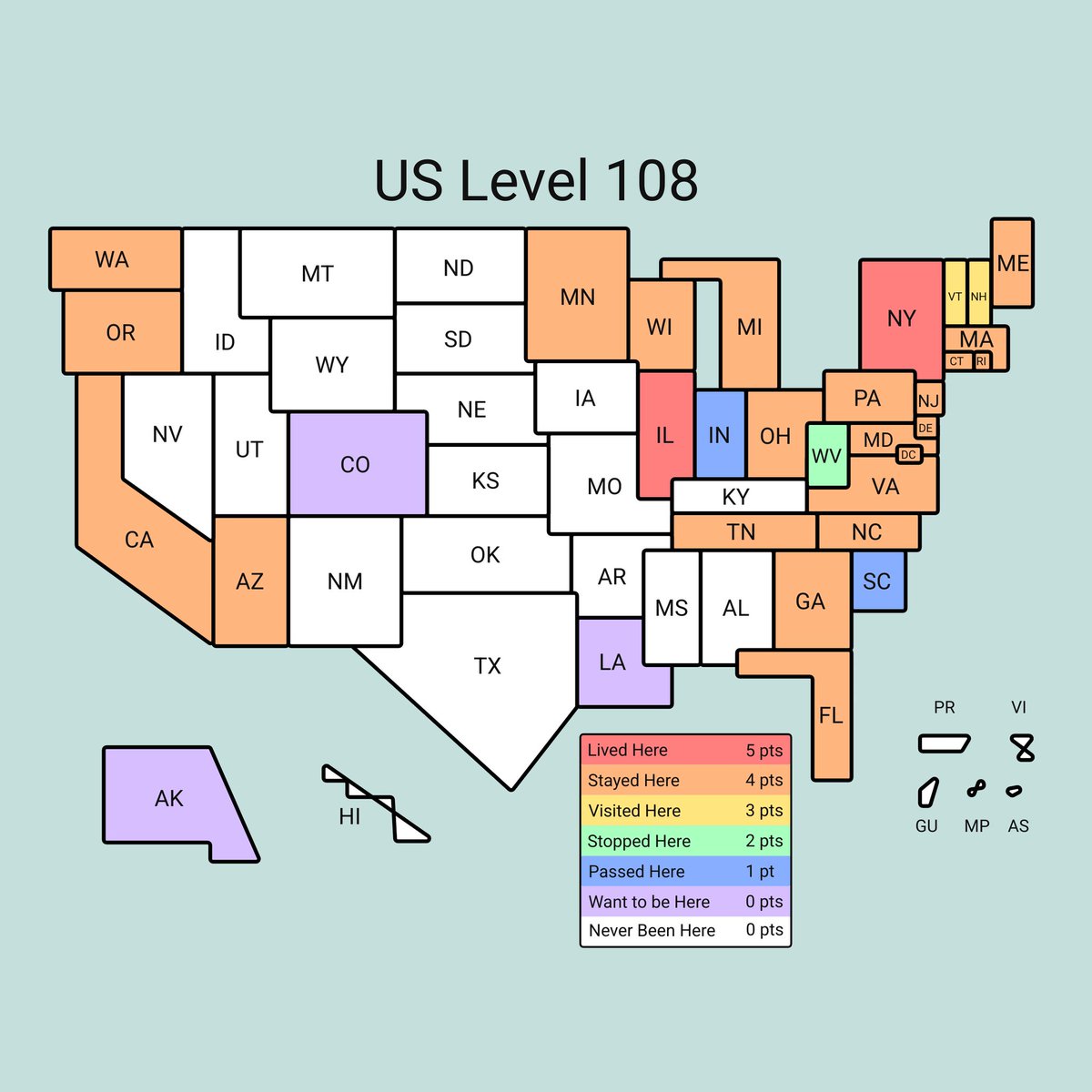 interpreting stayed as having slept there / visited as spending intentional Quality time there / stopped as pit stop or other break from The Road etc