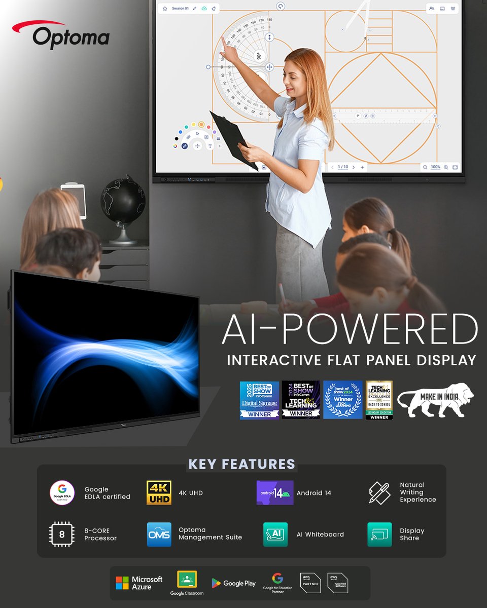 Smarter, sharper, and more connected than ever!
Meet Optoma’s AI-Powered Interactive Flat Panel Display — where innovation meets education. 
Made in India, built for the future. 

#OptomaIndia #AIPoweredDisplay #InteractiveFlatPanel #SmartClassroom #EdTech #MakeInIndia #4KUHD