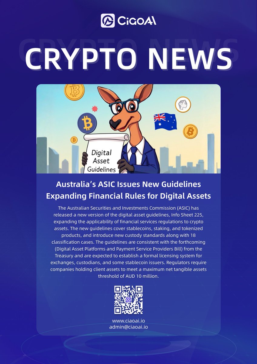 CiaoAi_Global's tweet image. 🇦🇺Australia’s ASIC Issues New Guidelines Expanding Financial Rules for Digital Assets.

#CiaoAI #ASIC #Australia #Digital #BTC