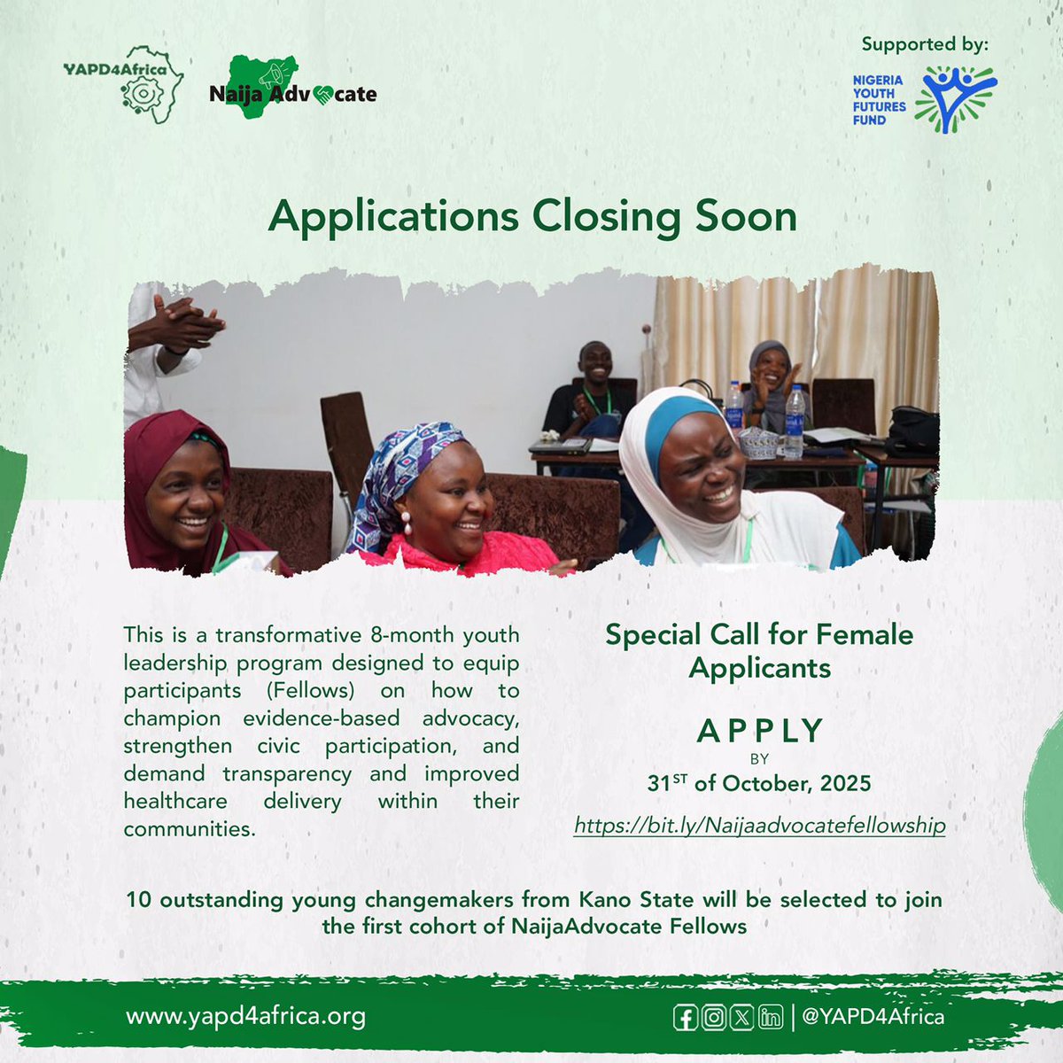 We are encouraging female applicants from Kano State to apply for our #NaijaAdvocate Fellowship (NAF).

If yes, this call is for you, apply: bit.ly/Naijaadvocatef…

Join us to strengthen the primary healthcare system, demand accountability and more.
 
#FixTheirPHCs #NYFF