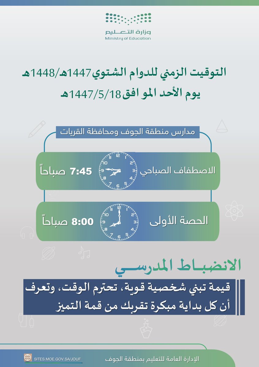 اعتمد المدير العام لإدارة #تعليم_الجوف التوقيت الشتوي في جميع مدارس المنطقة ومحافظة القريات للهيئتين التعليمية والإدارية، ابتداءً من يوم الأحد 1447/5/18هـ، بحيث يكون الاصطفاف الصباحي الساعة 7:45 وبداية الحصة الأولى الساعة 8:00 صباحًا.

"الانضباط المدرسي قيمةٌ تُجسّد الطريق الأكيد