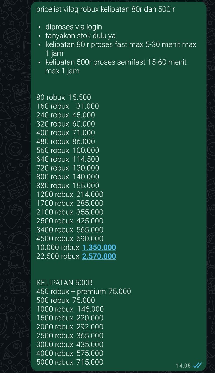 soryvmaiden's tweet photo. pricelist top up robux vilog

☆. via login
☆. proses fast 5 - 30 menit (kelipatan 80r)
☆. proses semifast 15 - 60 menit (kelipatan 500r)
☆. bisa dimix sesuai kebutuhan

ht. topup robux robak robaks vilog gp gamepass murce murah promo 80 500 fish it  #zonauang https://t.co/NXcAE388kj