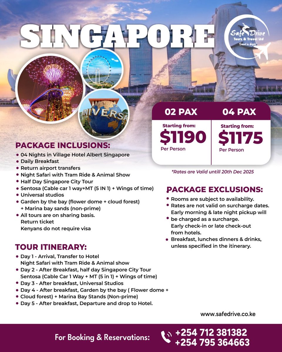🇸🇬 Singapore Dreams Come True! 🇸🇬

Book your Singapore package with @SafeDriveTours now! Deadline approaching! Explore the stunning city, book your unforgettable escape.

Limited spots! #SingaporeTravel #TravelDeals #Safedrivetours #AsiaTravel