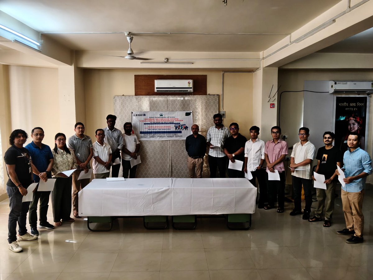 27.10.2025 से 02.11.2025 तक मनाए जा रहे सतर्कता जागरूकता सप्ताह 2025 के उपलक्ष्य में, भारतीय खाद्य निगम, क्षेत्रीय कार्यालय, दिमापुर के सभी अधिकारियों/कर्मचारियों द्वारा 27.10.2025 को सत्यनिष्ठा की शपथ ली गई। <a href="/FCI_India/">Food Corporation of India</a> <a href="/fci_ne/">Food Corporation of India, Zonal Office(NE)</a>