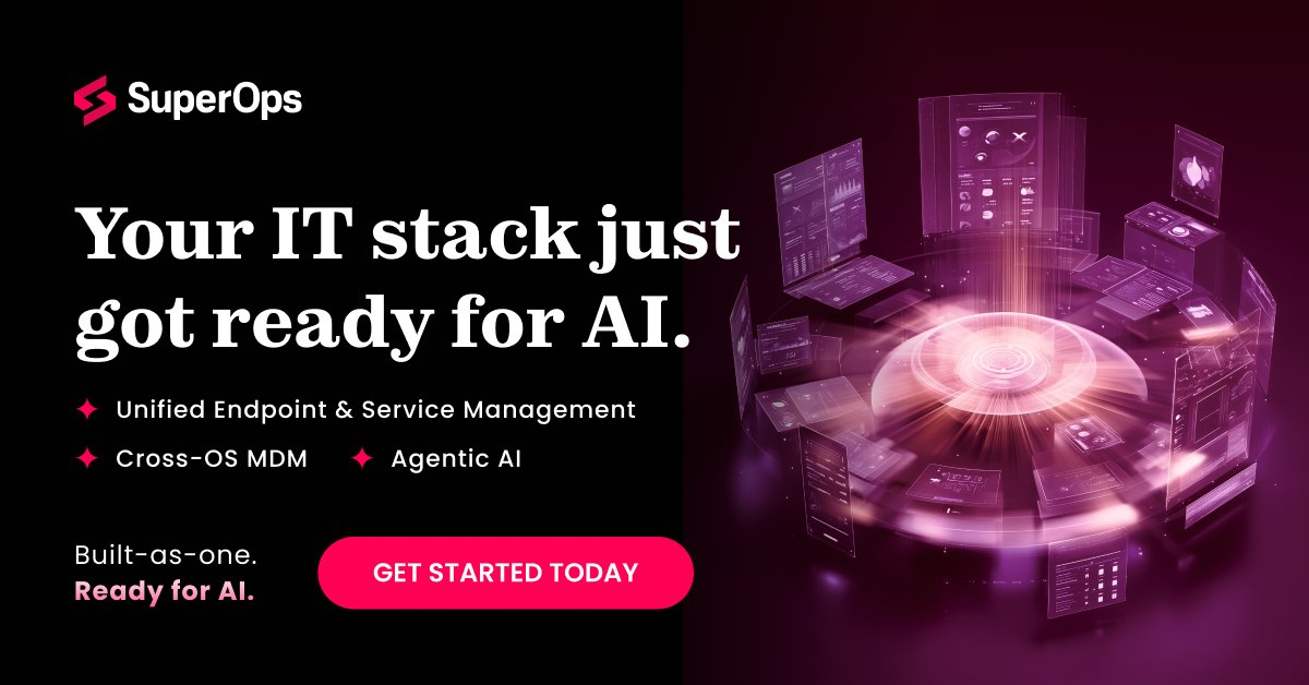 Superops_com's tweet image. Big news for IT pros!

We’ve launched the industry’s first AI-native Unified Endpoint Management platform — built to give IT teams full visibility and control in the AI era.

Read the full release 👉 zurl.co/qo66w

#SuperOps #EndpointManagement #AI