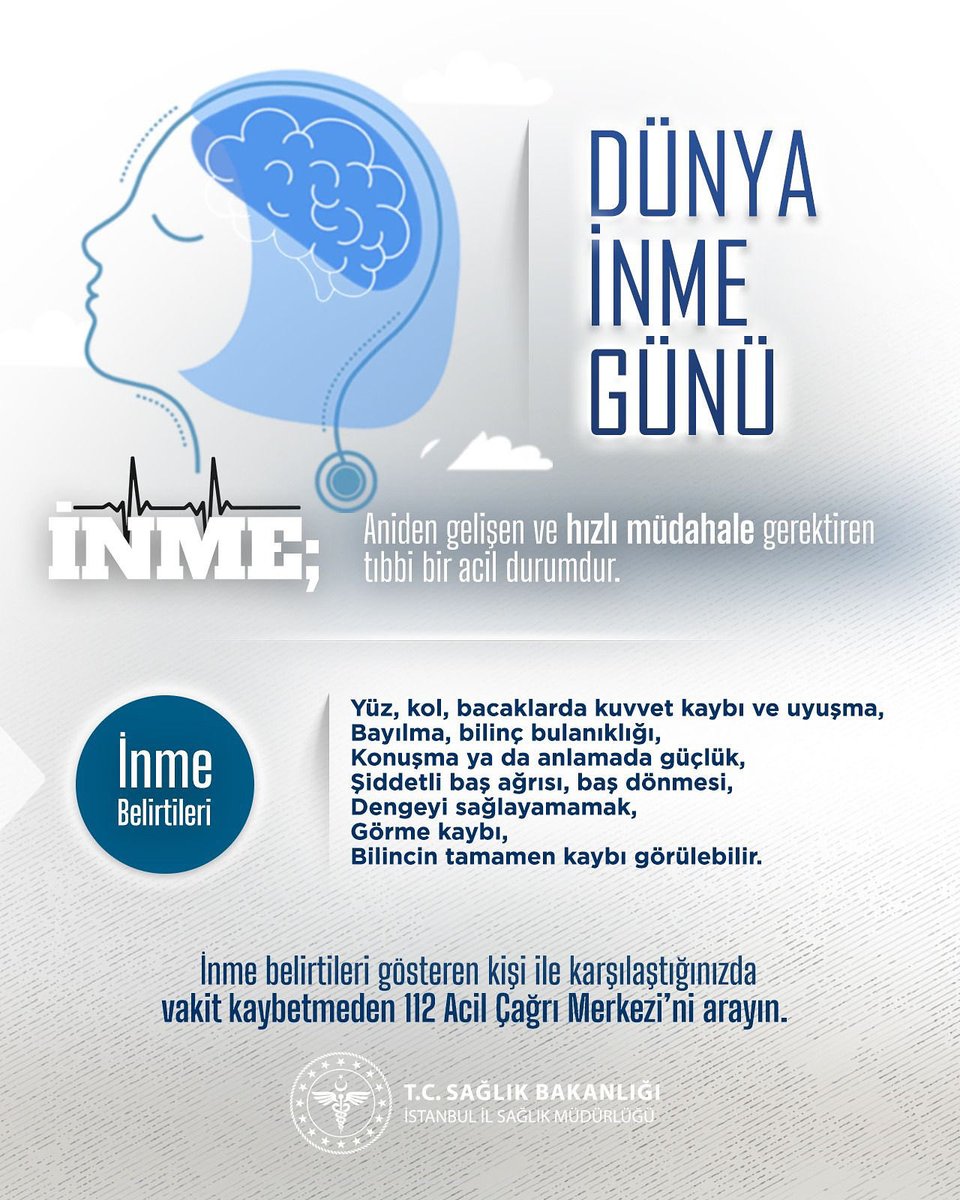 İnme; aniden gelişen ve hızlı müdahale gerektiren tıbbi bir acil durumdur.

🚨 İnme belirtilerine dikkat edin:
• Yüz, kol veya bacaklarda ani güçsüzlük ya da uyuşma,
• Konuşma veya anlamada zorluk,
• Şiddetli baş ağrısı, baş dönmesi,
• Görme kaybı, denge bozukluğu, bilinç
