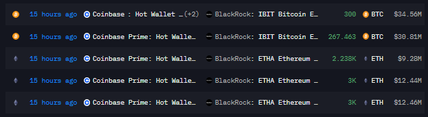 Multiple screenshots from Coinbase wallet interface displaying BlackRock labeled transactions. First shows 567 BTC deposit valued at 65M USD. Second shows another 567 BTC at 65.9M USD. Third shows 8238 ETH deposit at 34M USD. Fourth shows 8238 ETH at 34.2M USD. Fifth shows 204 BTC at 23.9M USD. Each includes orange clock icons indicating 15 hours ago timestamps and balance updates in USD.