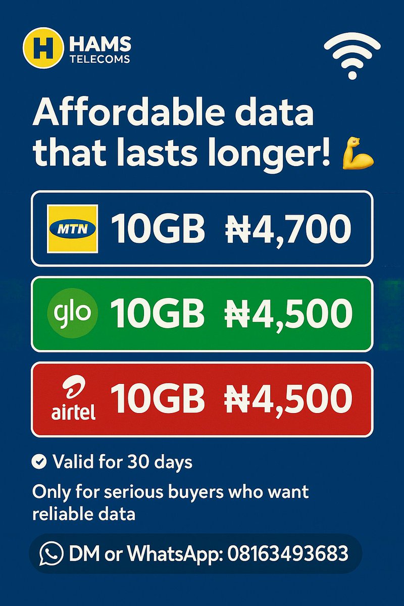 meedah2000's tweet image. Stay online without stress 💻✨

✅ MTN 10GB – ₦4,700
✅ GLO 10GB – ₦4,500
✅ AIRTEL 10GB – ₦4,500
All valid for 30days 

Affordable rates, instant delivery 
Your surest data vendor! 🔋

📲 Order from HAMS Telecoms today.

#DataBundle #HamsTelecoms #ReliableVendor