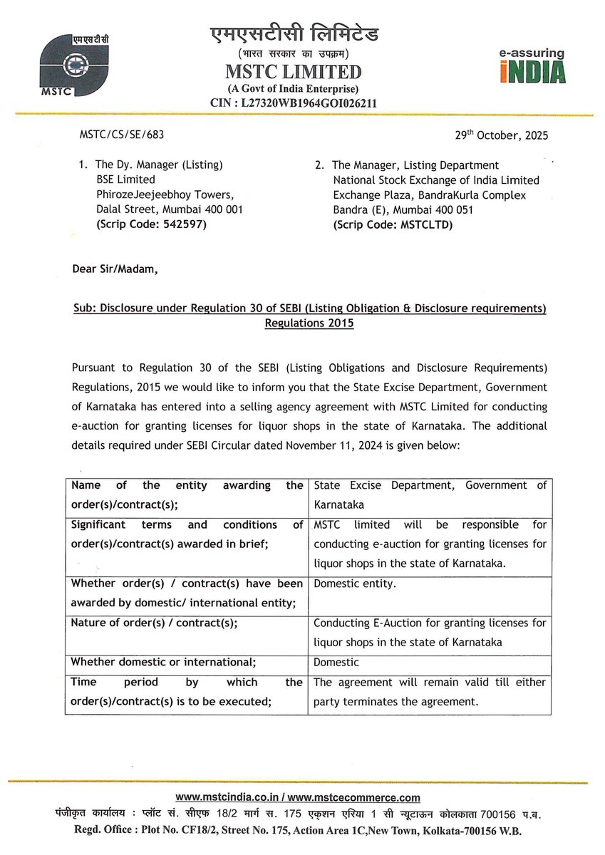 stocknewslatest's tweet image. #MSTCLTD MSTC Limited has entered into a selling agency agreement with the State Excise Department, Government of Karnataka, to conduct e-auctions for granting licenses for liquor shops in Karnataka. The agreement will remain valid until either party terminates it.#StocksInFocus